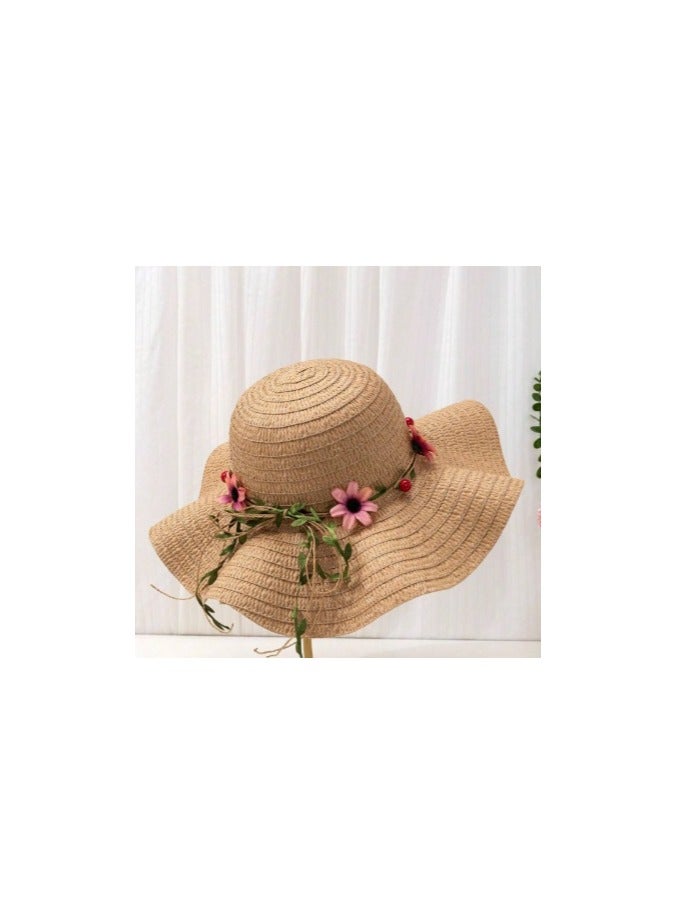 Shein 1pc Women's Khaki Wavy Striped Bow Summer Beach Sun Hat, Elegant Sun Protection For Beach Travel And Vacation - Image 2