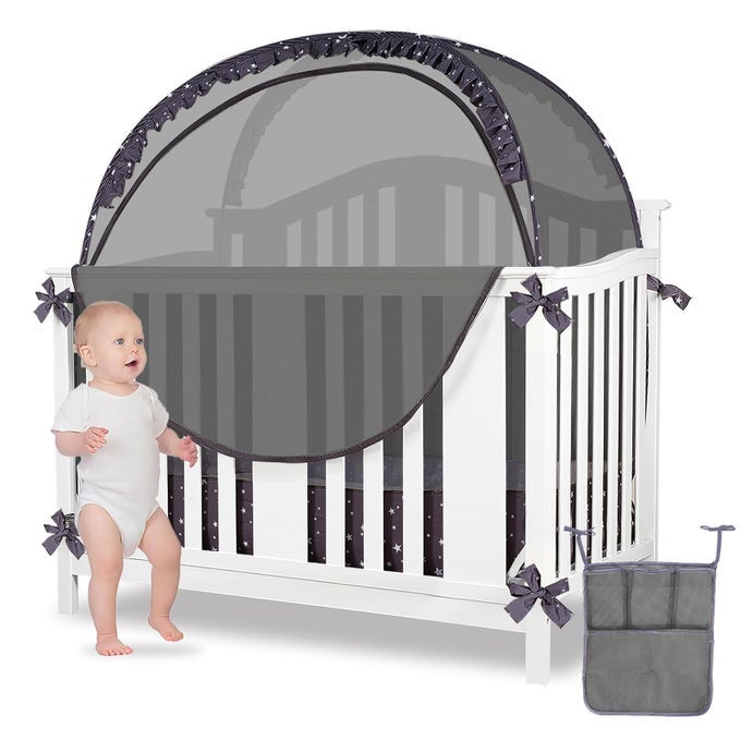 BABY SAFETY CRIB TENT INFANT POP UP MOSQUITO NET NURSERY BED CANOPY NETTING COVER KEEP BABY FROM CLIMBING OUT WITH HANGING DIAPER STORAGE BAG DARK GRAY