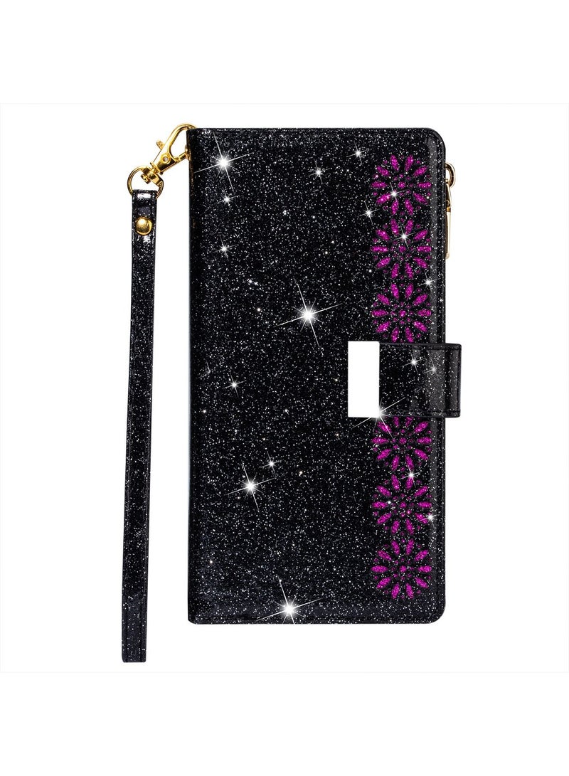 iPhone 15 Pro Max Wallet Case Cover For Women Luxury Bling Diamond  Card Phone Holder Wrist Strap PU Leather Slots Shockproof Protective Back Cover Accessory For iPhone 15 Pro Max  - Image 1