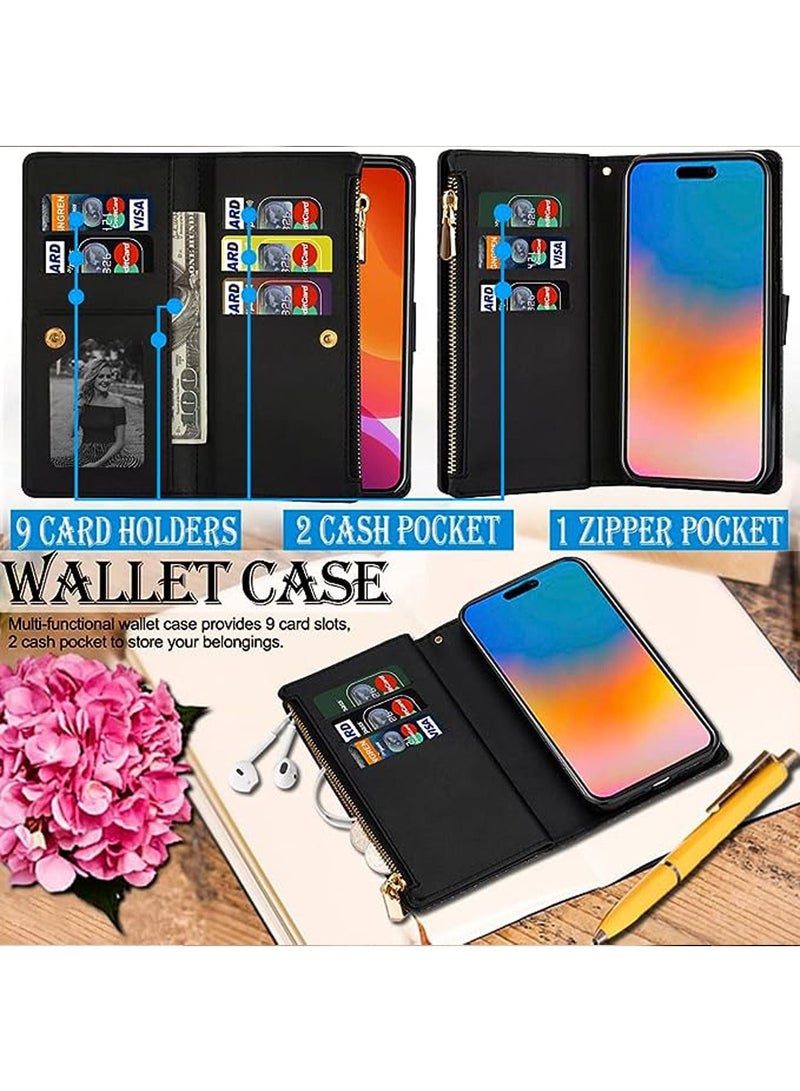 iPhone 15 Pro Max Wallet Case Cover For Women Luxury Bling Diamond  Card Phone Holder Wrist Strap PU Leather Slots Shockproof Protective Back Cover Accessory For iPhone 15 Pro Max  - Image 2
