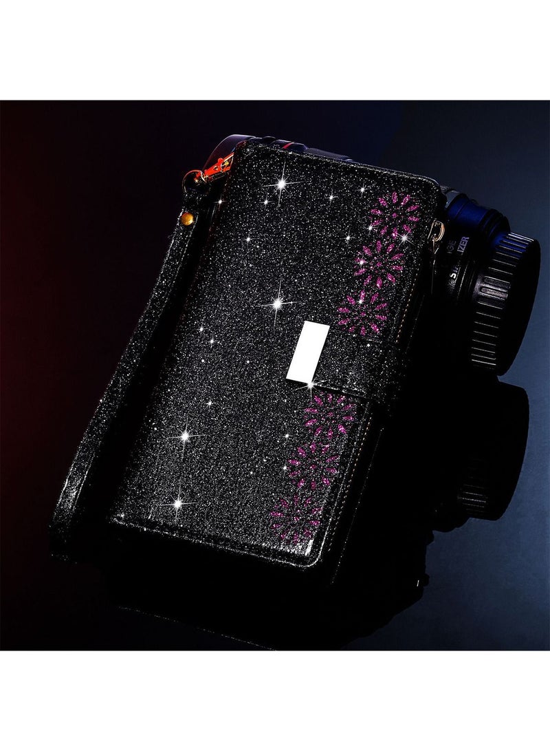 iPhone 15 Pro Max Wallet Case Cover For Women Luxury Bling Diamond  Card Phone Holder Wrist Strap PU Leather Slots Shockproof Protective Back Cover Accessory For iPhone 15 Pro Max  - Image 4