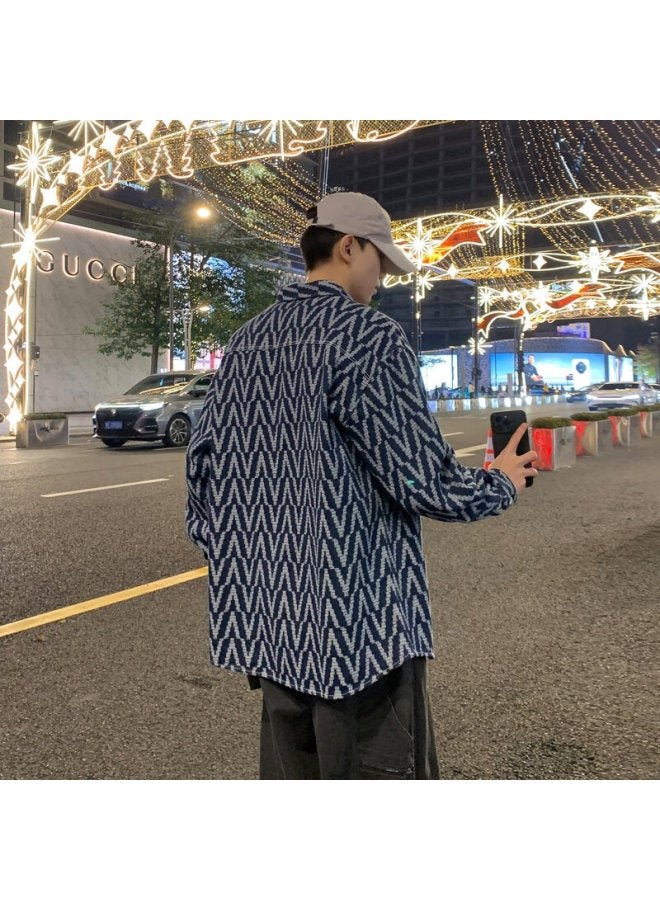 Homlean Washed Denim Jacket Autumn Fashion Versatile Striped Shirt Loose Long Sleeve Jacket Shirt Hs63 Blue M - Image 3