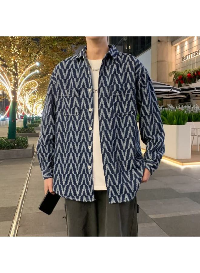 Homlean Washed Denim Jacket Autumn Fashion Versatile Striped Shirt Loose Long Sleeve Jacket Shirt Hs63 Blue M - Image 5