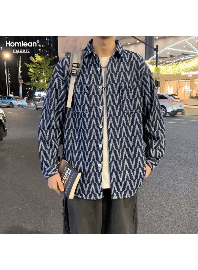 Homlean Washed Denim Jacket Autumn Fashion Versatile Striped Shirt Loose Long Sleeve Jacket Shirt Hs63 Blue M - Image 1