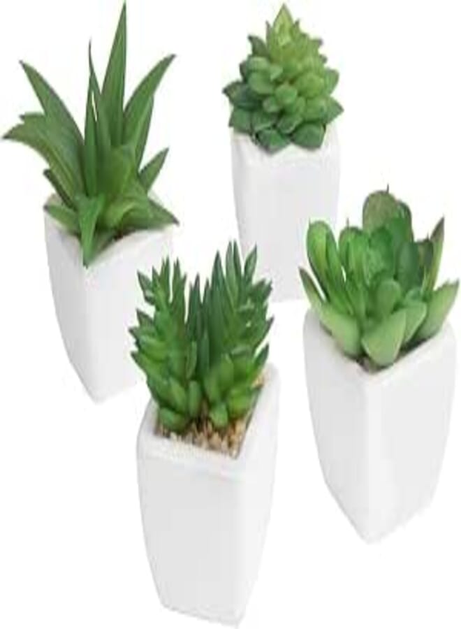 Artificial Succulent Plants, Indoor Fake Plant Living Room Decor in Modern White Cube Shaped Ceramic Pots, Set of 4