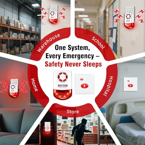 Daytech Strobe Siren Panic Alarm Button Siren Alarm with Light for Home Caring Loud Outdoor SOS Alert System 2 Red Flashing Siren and 4 Emergency Button for Store Hotel Jewelry Shop Security - Image 5