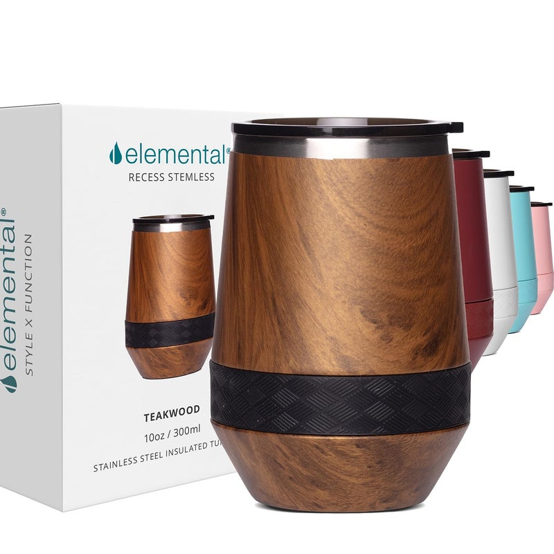 Elemental Recess Wine Tumbler  Triple Wall Insulated Stainless Steel Coffee Mug for Hot  Cold Drinks  Portable Cup with Shatterproof Sip Lid for Camping Outdoor  Travel  10oz  Teak Wood