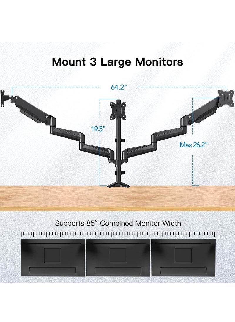 Gravity Triple Monitor Mount Stand for 17"–32" Screens – Height Adjustable Desk Arm Holds 3 Monitors up to 8kg Each | VESA Compatible | Full Motion Tilt, Swivel & Rotate | Space-Saving Heavy-Duty Setup – Black - Image 2