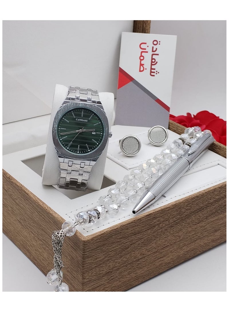 Men's set from consisting of four pieces: a watch, a pen, cufflinks, and a rosary.