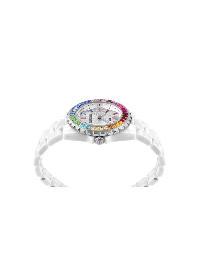 فيليب بلين PLEIN HEAVEN Women's Ceramic Watch, Rainbow Gemstone Bezel, White Honeycomb Dial, 38mm Ceramic Case, 3-Hand Quartz, 50m Water Resistance
