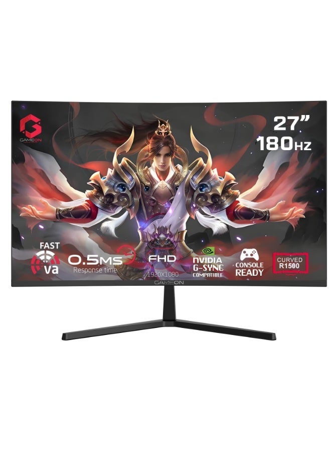 27 Inch Curved Gaming Monitor FHD 1920×1080 180 Hz Gaming Monitors – 0.5 ms MPRT, Adaptive‑Sync/FreeSync, HDR10, 4000:1 Contrast, Built‑In Speakers, HDMI 2.1 & DP 1.4, Ergonomic Tilt black