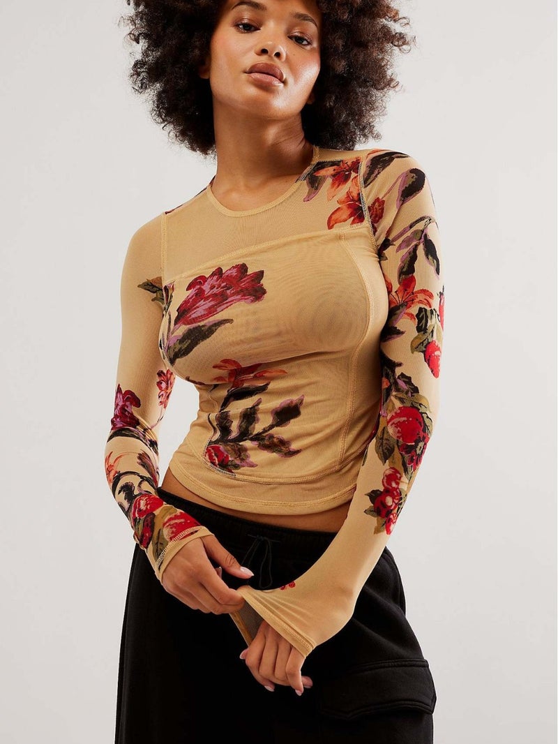 Selling Mesh Double Layer Digital Printed Flower Products Slim Long Sleeve T-Shirt For Women - Image 1