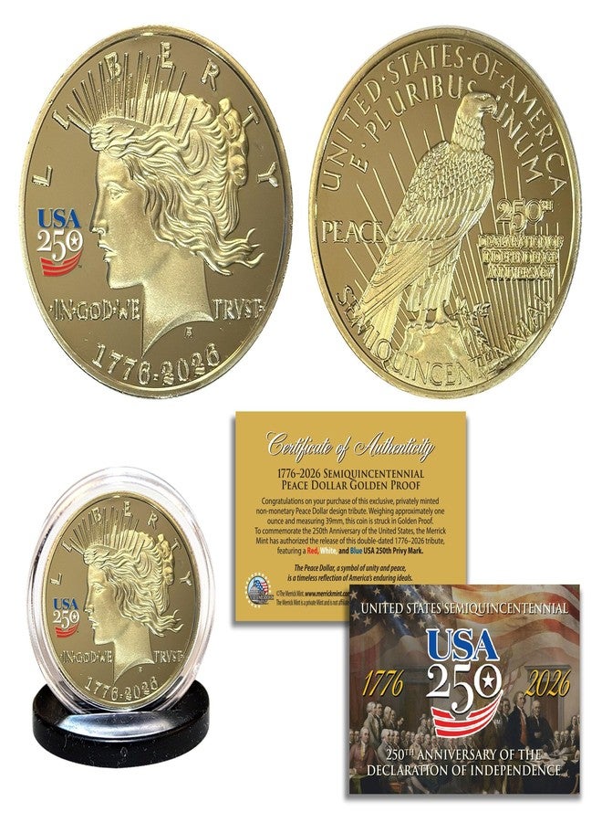 Merrick Mint America 250th Anniversary 1776-2026 Peace Dollar Golden Proof Privy Medallion Coin and Certificate USA 250 - Image 1