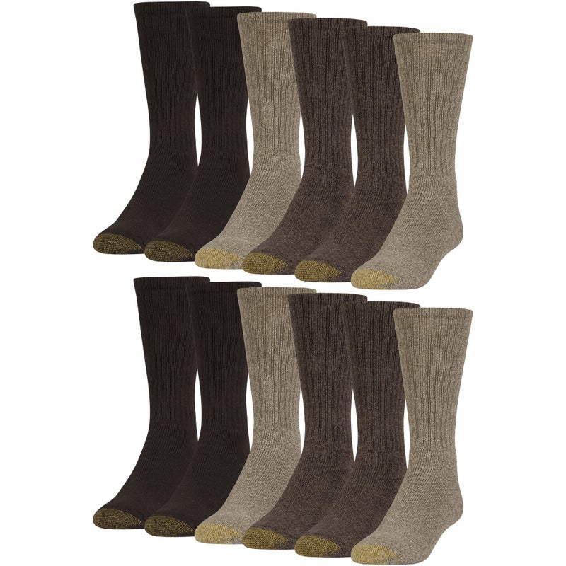 GOLDTOE Mens Harrington Crew Socks Multipairs Taupe MarlKhaki MarlBrown 12Pairs Large