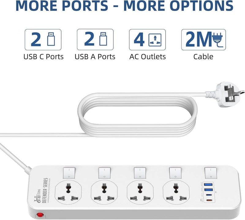 هوتيون لوحة تمديد مع منافذ USB، شريط طاقة 2500 واط/10 أمبير، 4 مخارج مع 2 USB-A + 1 USB-C، مقابس حماية عالمية من الطفرات مع مفتاح فردي وستارة أمان، كابل 2 متر - Image 2