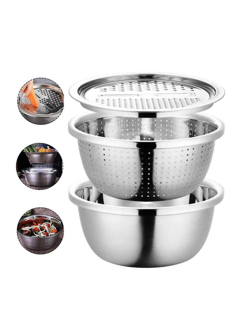 Premify PREMIFY 3 in 1 Stainless Steel Grater Basin with Vegetable Chopper And Cheese Grater, Multifunctional Set Food Bowl/Colander/Vegetable Grater Mixing Bowl & Drainer, Rice Sieve Strainer  - Image 1