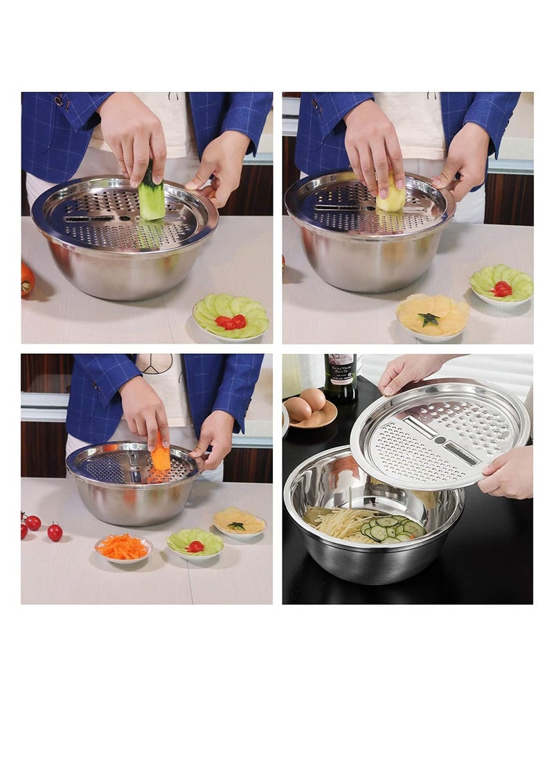PREMIFY 3 in 1 Stainless Steel Grater Basin with Vegetable Chopper And Cheese Grater, Multifunctional Set Food Bowl/Colander/Vegetable Grater Mixing Bowl & Drainer, Rice Sieve Strainer