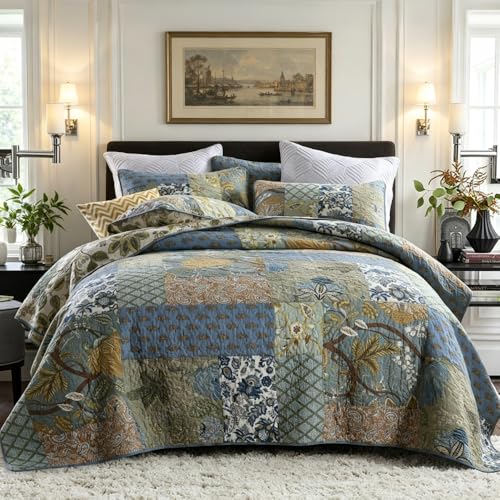 camandy Cotton Bedspread Quilt Bedding Sets Reversible Coverlet Sets Comforters Rustic Paisley Floral Patchwork Sage Green Bedspread Queen Size - Image 1