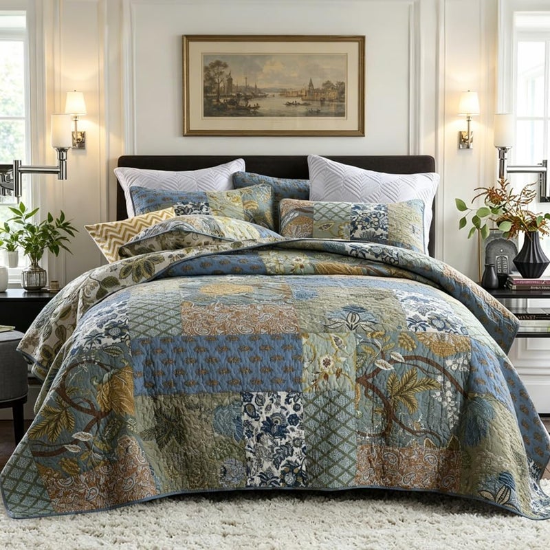 camandy Cotton Bedspread Quilt Bedding Sets Reversible Coverlet Sets Comforters Rustic Paisley Floral Patchwork Sage Green Bedspread Queen Size - Image 2