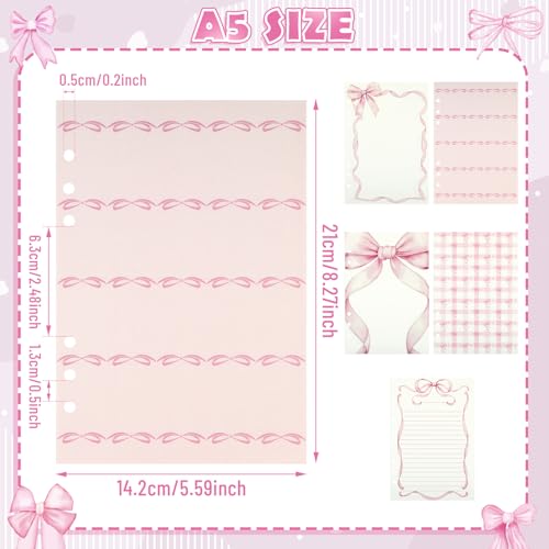 Pineraap 100 Sheets Pink Bow A5 Refills Paper for Planner Inserts Binder Thick 6 Hole Notebook Refill 120GSM Filler Loose Leaf Paper for A5 6 Ring Binder Travel Journal Diary Budget Graduation Lined Blank - Image 3