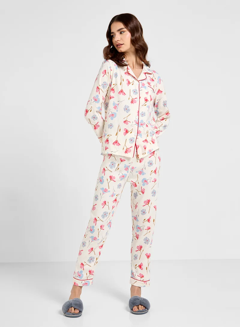 Ginger Floral Print Button Up Shirt & Pyjama Set