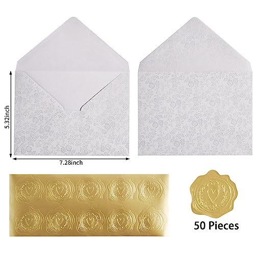 Topeen 50 Pieces A7 Envelopes 5x7 Card Envelopes Vines Flower Texture Pattern V Flap Luxury Mailing Envelopes with Gold Stickers for Invitations, Wedding, Graduation, Baby Shower (Rose - White) - Image 2