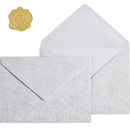 Topeen 50 Pieces A7 Envelopes 5x7 Card Envelopes Vines Flower Texture Pattern V Flap Luxury Mailing Envelopes with Gold Stickers for Invitations, Wedding, Graduation, Baby Shower (Rose - White) - Image 1
