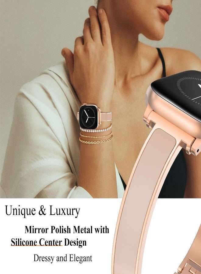 WINGLE Slim Bands for Gold Apple Watch Band Women Series 11 10 42mm 41mm 40mm 38mm SE 3/2/1 Jewelry Dressy Bracelet Metal Strap Designer Luxury Bangle for iWatch 9/8/7/6/5/4/3/2/1, Rose Gold/Nude - Image 2