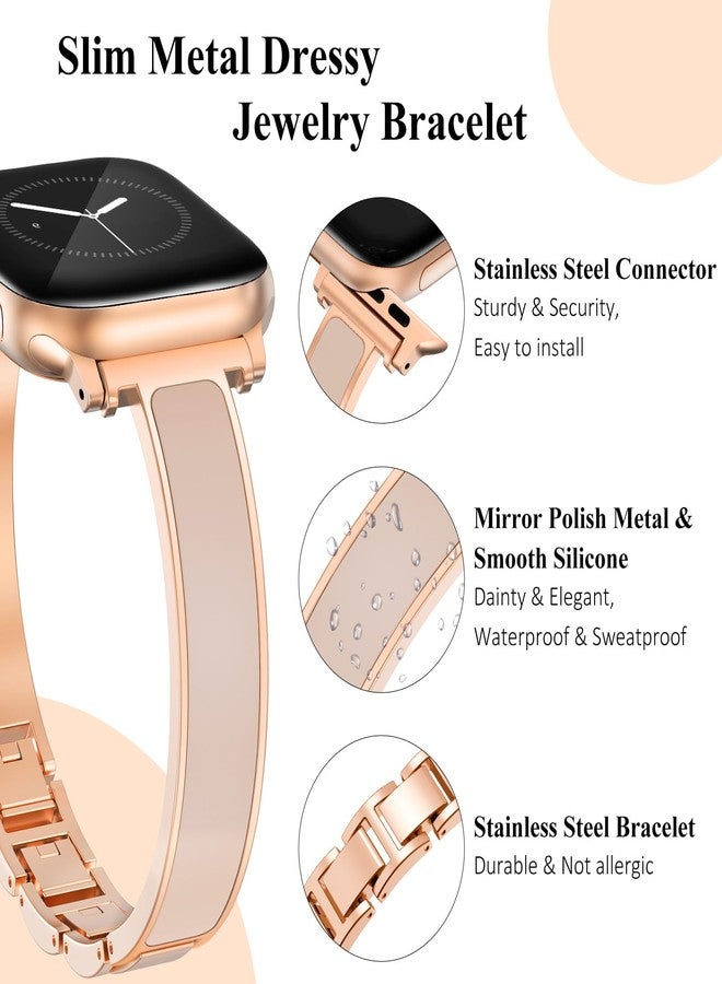 WINGLE Slim Bands for Gold Apple Watch Band Women Series 11 10 42mm 41mm 40mm 38mm SE 3/2/1 Jewelry Dressy Bracelet Metal Strap Designer Luxury Bangle for iWatch 9/8/7/6/5/4/3/2/1, Rose Gold/Nude - Image 3
