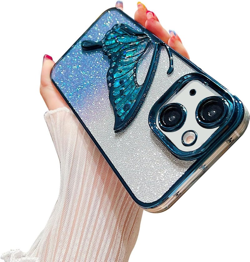 mobistyle Designed for iPhone 15 Case | Luxury Electroplated Liquid Floating | Gradient Glitter Butterfly Clear Shockproof Protective Cover iPhone 15 Case (Blue) - Image 4