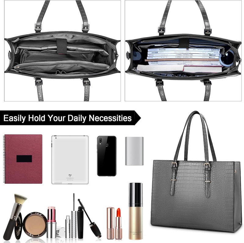 Lubardy Laptop Bag for Women 15.6 Inch Laptop Tote Bag Leather Classy Computer Briefcase for Work Waterproof Handbag Professional Shoulder Bag Women Business Office Bag Large Capacity Grey - Image 2