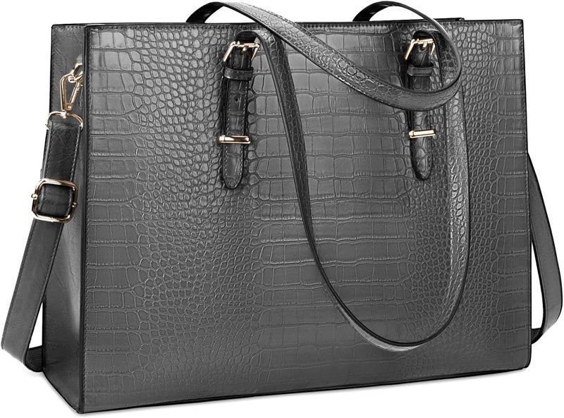 Lubardy Laptop Bag for Women 15.6 Inch Laptop Tote Bag Leather Classy Computer Briefcase for Work Waterproof Handbag Professional Shoulder Bag Women Business Office Bag Large Capacity Grey - Image 1