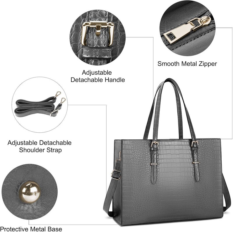 Lubardy Laptop Bag for Women 15.6 Inch Laptop Tote Bag Leather Classy Computer Briefcase for Work Waterproof Handbag Professional Shoulder Bag Women Business Office Bag Large Capacity Grey - Image 3