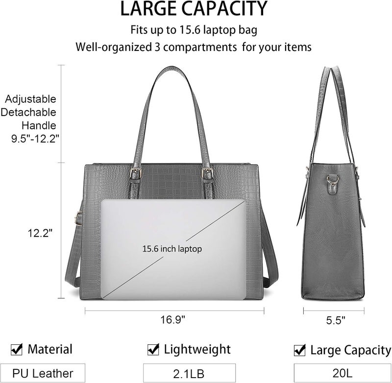 Lubardy Laptop Bag for Women 15.6 Inch Laptop Tote Bag Leather Classy Computer Briefcase for Work Waterproof Handbag Professional Shoulder Bag Women Business Office Bag Large Capacity Grey - Image 4