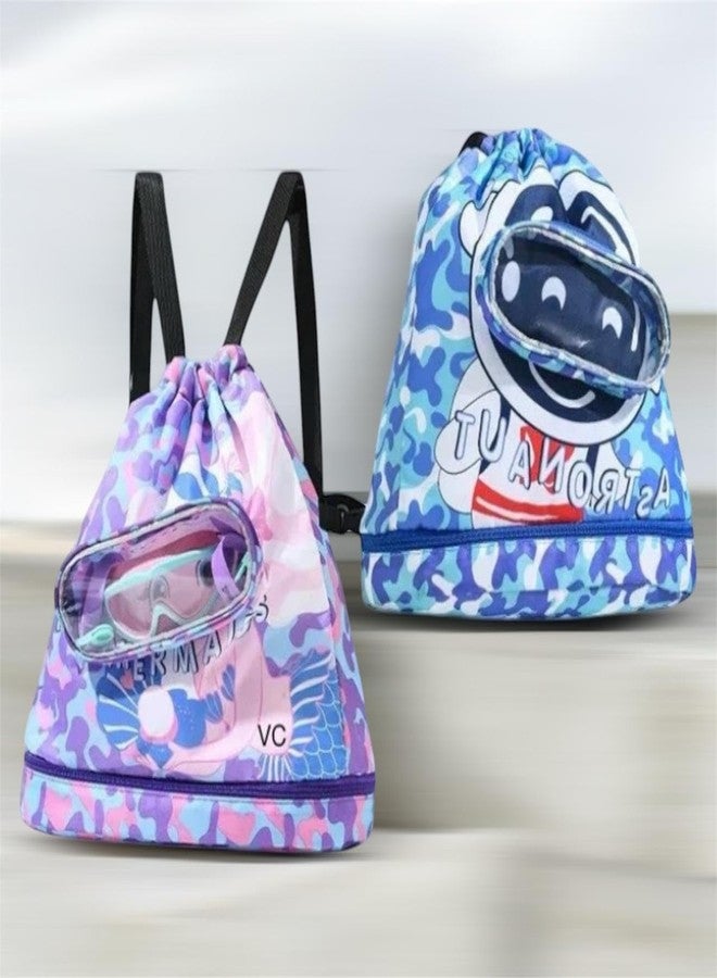 Backpack Kids | Waterproof Swimming Bags with Shoe Compartment | Cartoon Print Polyester Drawstring Backpack Kids | Travel Backpack | Swimming Bag | Activitiy Bag (Astronaut) - Image 2