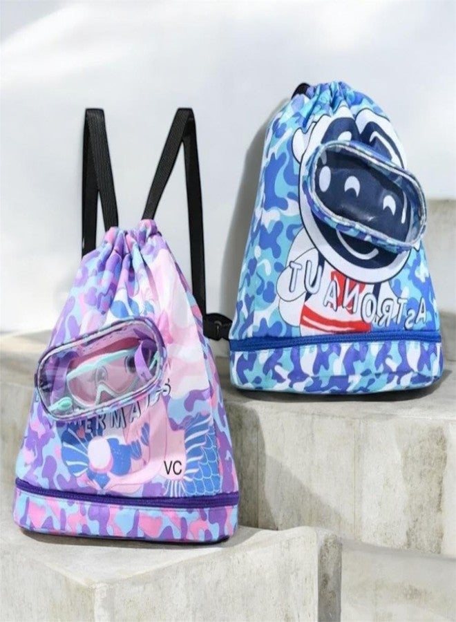 Backpack Kids | Waterproof Swimming Bags with Shoe Compartment | Cartoon Print Polyester Drawstring Backpack Kids | Travel Backpack | Swimming Bag | Activitiy Bag (Astronaut) - Image 3