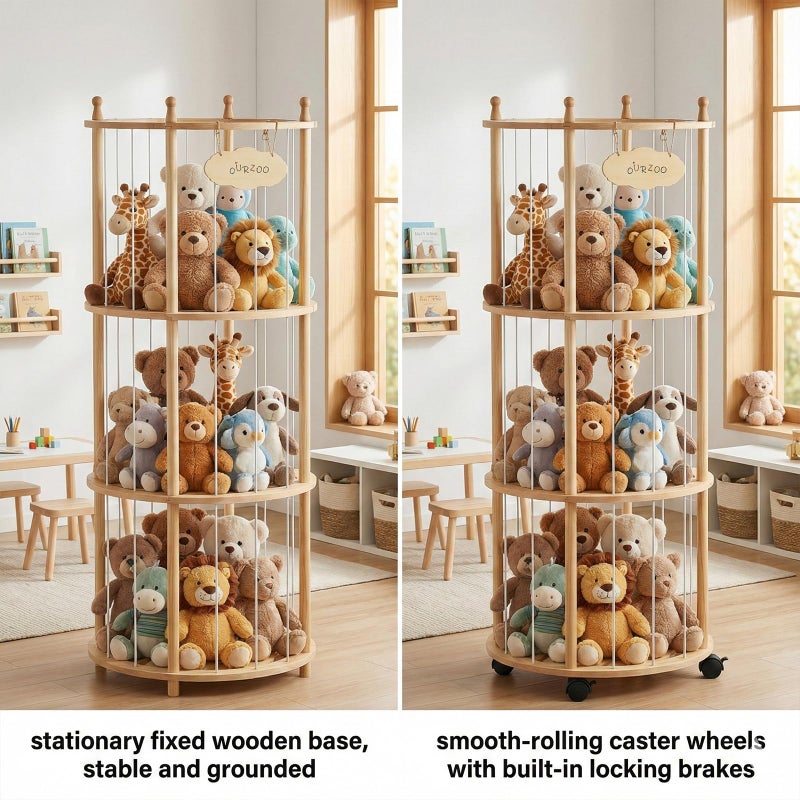 Viyuse Stuffed Animal Zoo Storage Large Wooden Stuffed Animal Holder&Toy Organizer,54"Plush Storage for Kids Playroom Bedroom,with Optional Wheels or Fixed Base,Decor Display Corner Round - Image 3