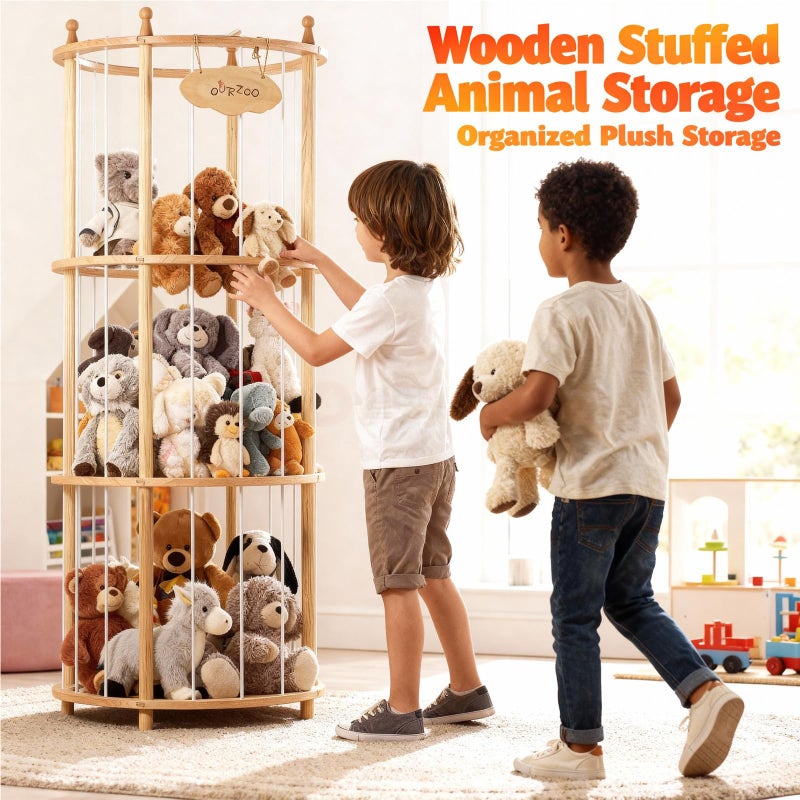 Viyuse Stuffed Animal Zoo Storage Large Wooden Stuffed Animal Holder&Toy Organizer,54"Plush Storage for Kids Playroom Bedroom,with Optional Wheels or Fixed Base,Decor Display Corner Round - Image 4