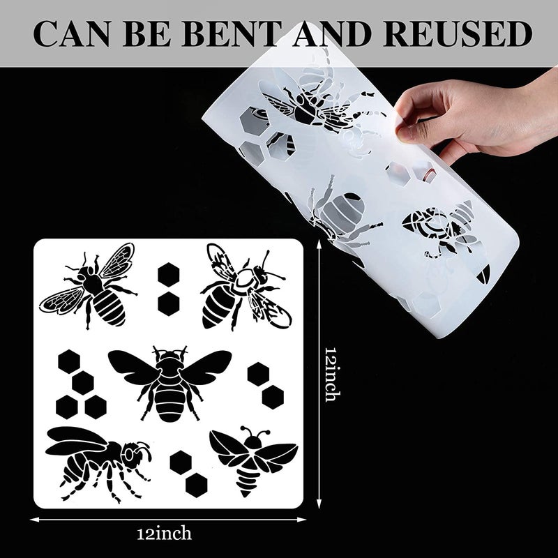 Ivanas Ivanas 9 Pieces Bee Stencil DIY Painting Bee Stencils Reusable Bee Theme Drawing Template Honey Bee Honeycomb Stencils with Flower for Painting on Wall Fabric Floor Crafts Home Decor 12 x 12 Inch - Image 2