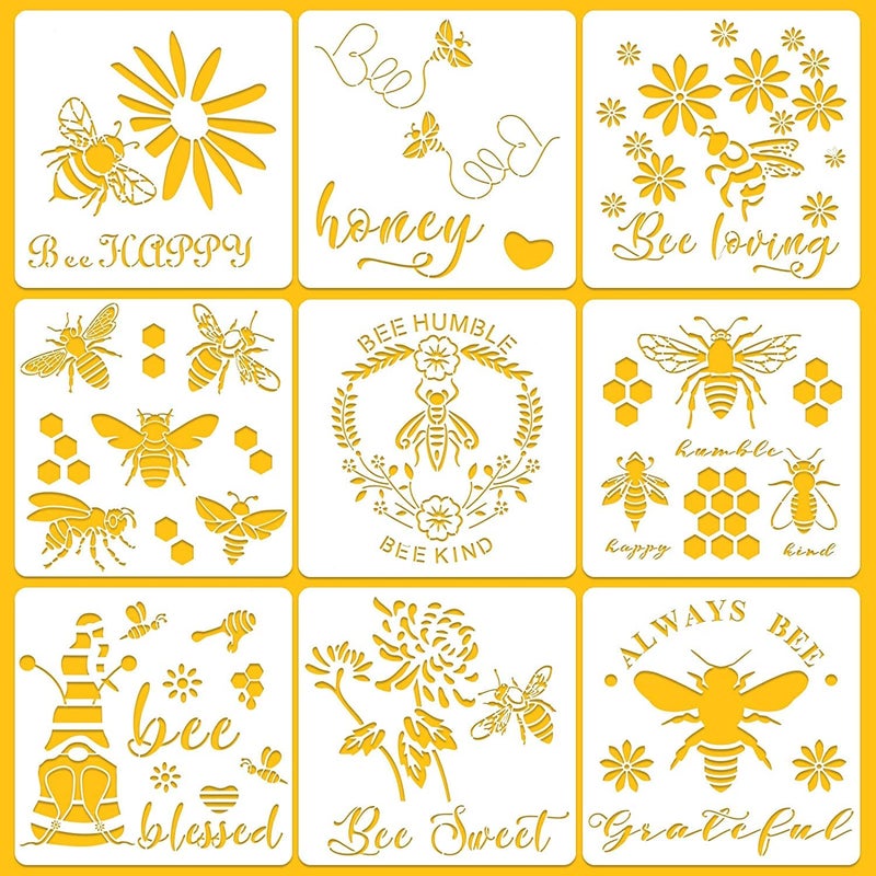 Ivanas Ivanas 9 Pieces Bee Stencil DIY Painting Bee Stencils Reusable Bee Theme Drawing Template Honey Bee Honeycomb Stencils with Flower for Painting on Wall Fabric Floor Crafts Home Decor 12 x 12 Inch - Image 1