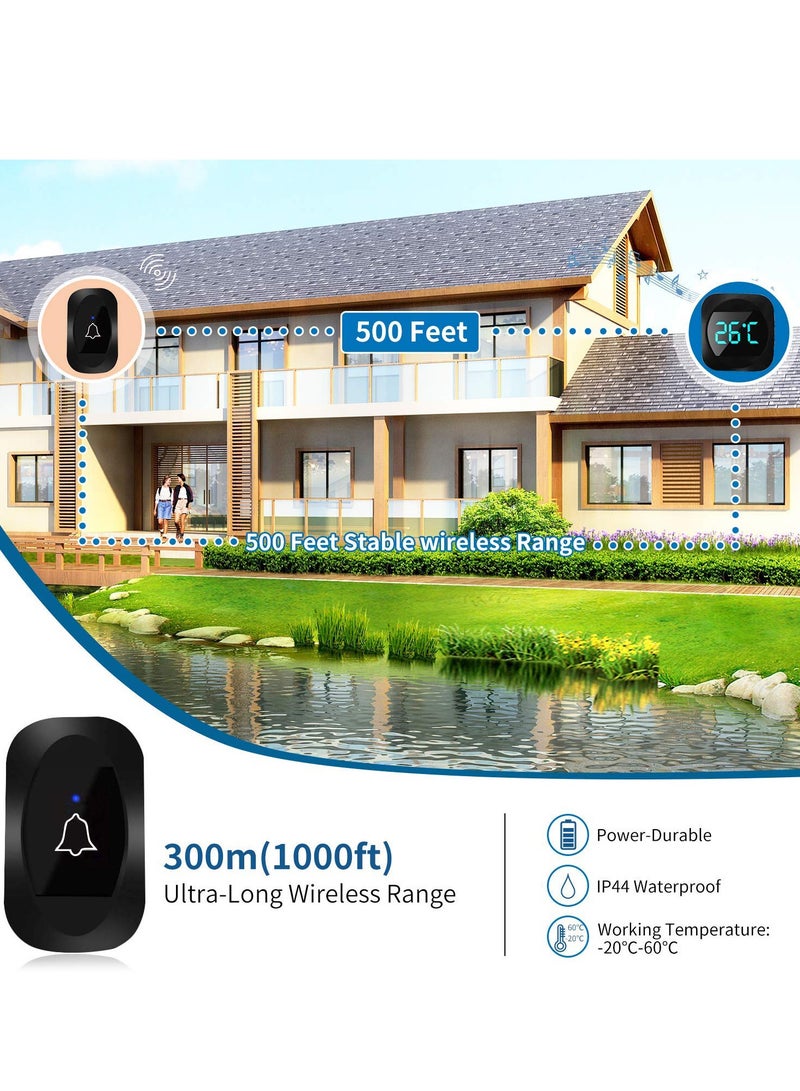 SYOSI جرس باب لاسلكي مع مدى 1000 قدم، مجموعة جرس باب مقاومة للماء Ip44 مع شاشة LED لعرض درجة الحرارة، 38 نغمة، 0-100 ديسيبل حجم عالي 4 مستويات، جرس باب يعمل بدون سلك  - Image 3