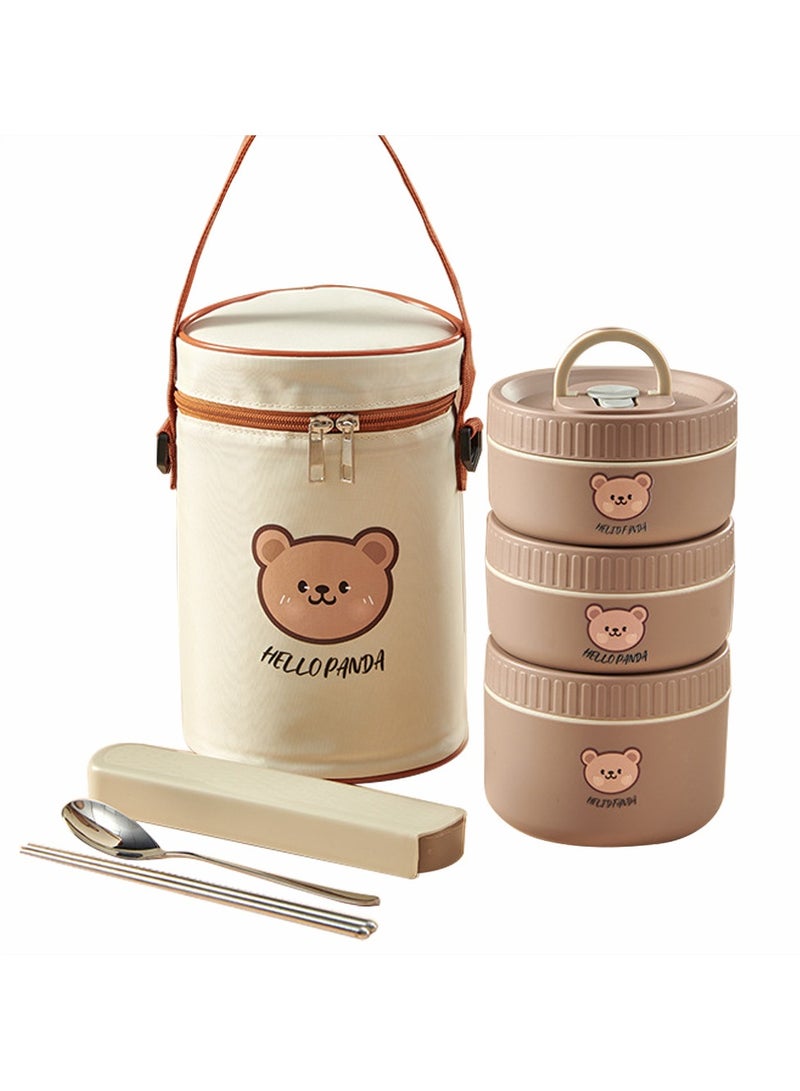 XiuWoo 3Pack Stainless Steel Thermal Lunch Box Bento Box Portable Insulated Lunch Container Set with Insulated Bag and Spoon Microwave Safe Dishwasher Safe Brown  - Image 1