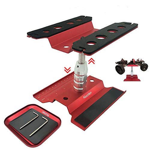 Nuofan RC Car Work Stand Aluminum Repair Workstation 360 Degree Rotation Lift Lower wScrew Tray for 110 112 116 Scale Traxxas TRX4 Axial Arrma Redcat Losi RC Crawler Monster Truck Buggy Red - Image 1