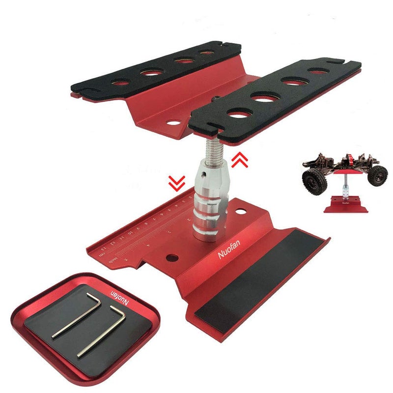 Nuofan RC Car Work Stand Aluminum Repair Workstation 360 Degree Rotation Lift Lower wScrew Tray for 110 112 116 Scale Traxxas TRX4 Axial Arrma Redcat Losi RC Crawler Monster Truck Buggy Red - Image 2