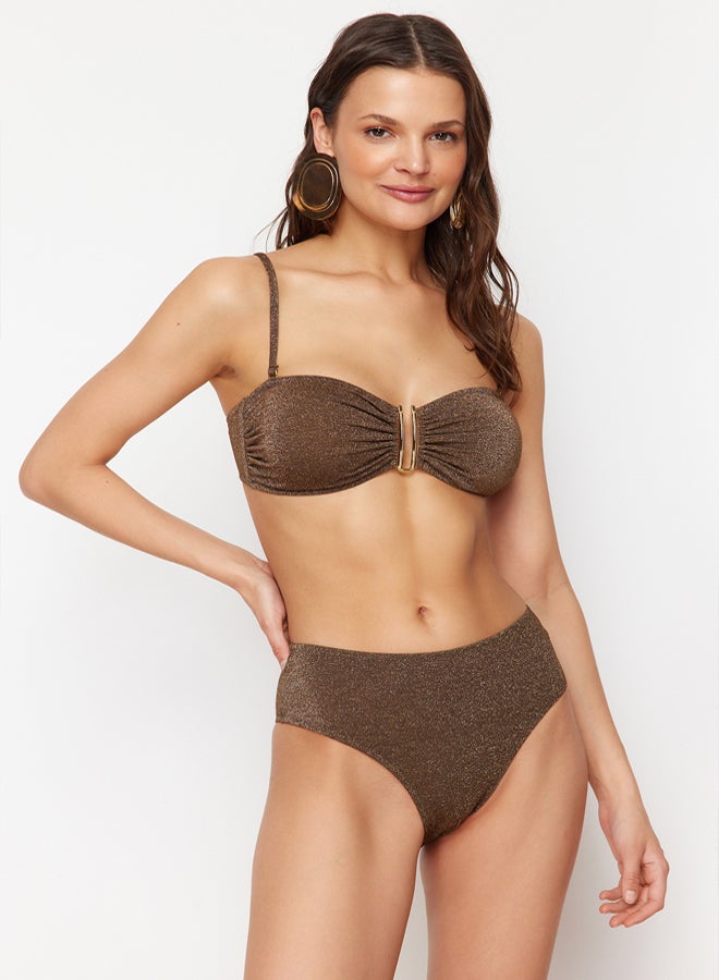 trendyol Brown Strapless Accessorized Glittery Brazilian Bikini Set - Image 1