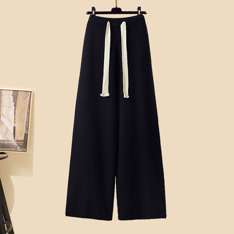 Winter suit Womens 2024 New Knee-length Knitted Cardigan Jacket with Sweater Wide Leg Pants Three-piece Set Black wide-leg pants single piece