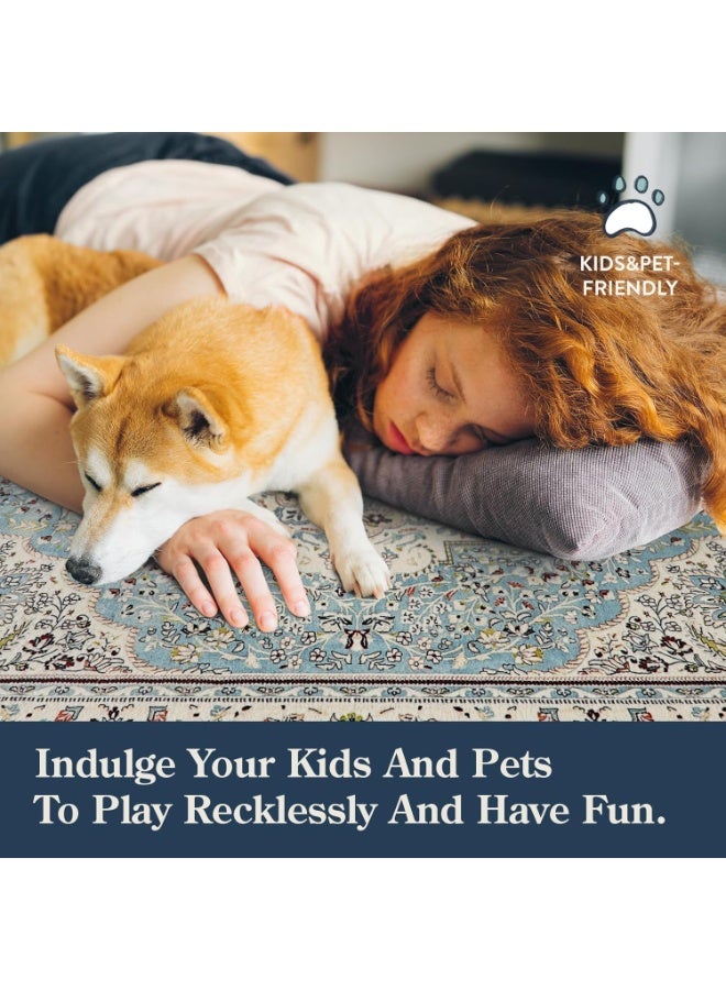 YelaJoy Floral Medallion Round Rug, 4Ft Distressed Round Entrance Area Rug, Soft Non-Slip Machine Washable Foyer Mat Indoor Floor Office Chair Carpet for Playroom Recliner Nursery - Image 5