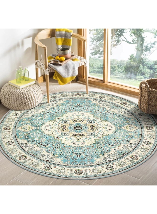 YelaJoy Floral Medallion Round Rug, 4Ft Distressed Round Entrance Area Rug, Soft Non-Slip Machine Washable Foyer Mat Indoor Floor Office Chair Carpet for Playroom Recliner Nursery - Image 1