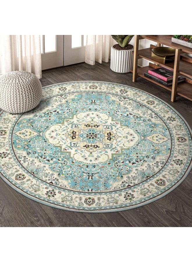 YelaJoy Floral Medallion Round Rug, 4Ft Distressed Round Entrance Area Rug, Soft Non-Slip Machine Washable Foyer Mat Indoor Floor Office Chair Carpet for Playroom Recliner Nursery - Image 3