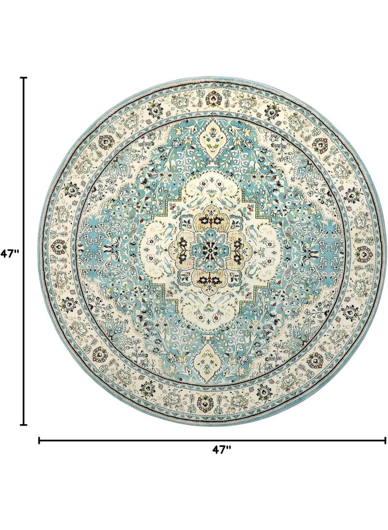 YelaJoy Floral Medallion Round Rug, 4Ft Distressed Round Entrance Area Rug, Soft Non-Slip Machine Washable Foyer Mat Indoor Floor Office Chair Carpet for Playroom Recliner Nursery - Image 2